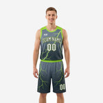 Custom charcoal basketball uniforms with neon green lightning pattern showing full front and back of the 2-piece jersey and shorts set