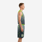 Men's charcoal and neon green lightning print custom basketball uniform set with arched team name and front number on the jersey