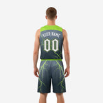 Right side view of neon green and charcoal custom basketball jersey and shorts with elastic waistband and side hem split