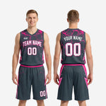 Size and specification sheet for custom charcoal basketball uniform set showing youth and adult sizing range