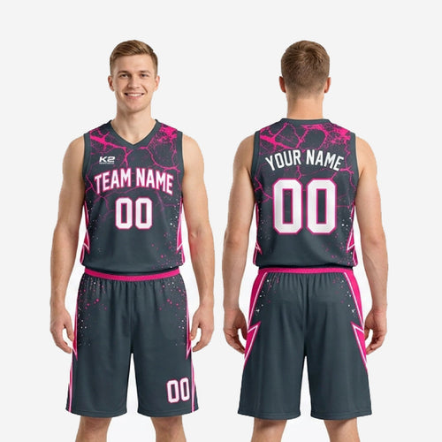 Size and specification sheet for custom charcoal basketball uniform set showing youth and adult sizing range