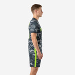Custom grey camo soccer uniform with neon green side panel, left side view showing jersey and shorts