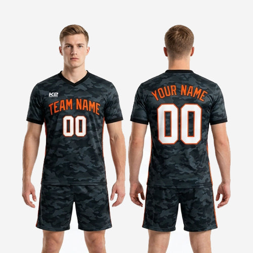 Custom charcoal camo men's soccer uniform set: jersey and matching shorts with orange accents