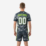 Custom charcoal camo soccer kit back view showing player surname and number on grey sublimated jersey