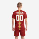 Custom crimson soccer jersey back view showing player name and number sublimation print in white on argyle patterned kit