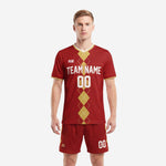 Custom crimson and athletic gold soccer uniforms custom design with argyle diamond pattern, front view on adult male model
