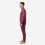 Custom crimson charcoal soccer warm up suit right side profile view showing stand collar full-zip jacket and tapered ankle pants