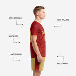 Custom Vegas Gold soccer shorts with crimson vertical side stripe, part of the men's crimson and gold soccer team uniform set