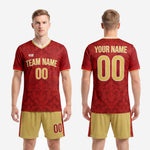 Back view of custom crimson and gold men's soccer uniform set showing player surname and back number sublimated in Vegas Gold