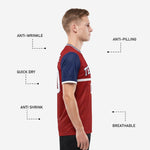 Custom crimson and navy soccer jersey side view with anti-wrinkle anti-pilling quick-dry and breathable fabric callouts