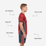 Custom red soccer uniform jersey detail showing crew neckline trim and full-dye sublimation print quality on crimson polyester fabric