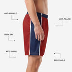 Side view of custom crimson mens soccer shorts showing navy blue contrast panel, white trim stripe, and feature callouts