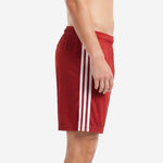 Custom crimson red soccer shorts side view showing 3 white contrast stripes running from waistband to hem