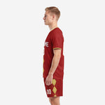 Custom crimson and athletic gold soccer uniform set with matching shorts, right side view showing argyle print on shorts leg
