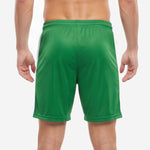 Custom dark green soccer shorts with elastic waistband and external green drawcord, close-up detail