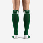 Custom soccer socks dark green with ribbed triple white stripe cuff band close-up detail