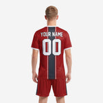 Custom dark red soccer jersey with charcoal carbon-texture stripe and white crew neck trim detail