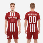 Full 2-piece custom dark red soccer kit showing jersey and matching shorts with consistent white stripe design