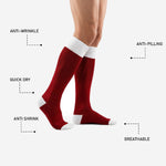Heel and toe contrast detail on personalized dark red soccer socks with white reinforced zones