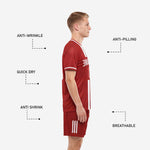 Custom dark red soccer uniform back view showing large player number and surname print zones above white vertical stripe