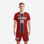 Custom dark red soccer uniform front view showing charcoal center stripe and white trim on male model