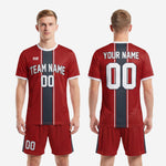 Custom dark red soccer uniform full kit back view showing player name and number print zones