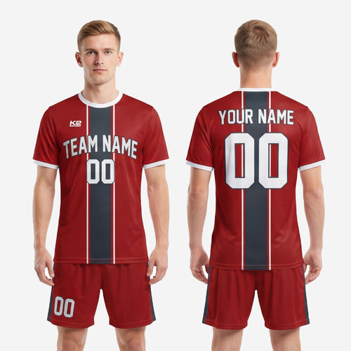 Custom dark red soccer uniform full kit back view showing player name and number print zones