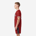 Custom dark red soccer uniform right side view showing full-dye sublimation print on 100 percent polyester
