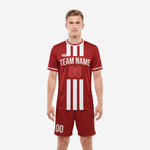 Custom dark red soccer uniform with white vertical stripes, front view showing team name and number on jersey and matching shorts