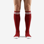 Custom dark red and white soccer socks front view showing double white cuff bands and reinforced white toe box