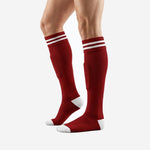 Custom red and white soccer socks opposite side angle showing full dark red calf panel and white heel zone