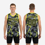 Back view of gray digital camo basketball jersey with neon yellow lightning print, back player name and number in matching colors