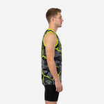 Front view of custom digital camo basketball jersey in gray and neon yellow with arced team name across chest and centered front number