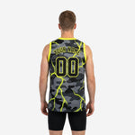 Right side view of custom digital camo basketball jersey showing neon yellow armhole trim and full-body camo pattern with lightning detail