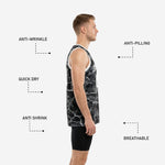Back view of custom digital camo basketball jersey in black and white showing back number and player name placement across upper panel