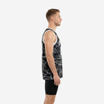 Custom digital camo basketball jersey in black with white V-neck collar, arched team name and number 00 on the chest - front view