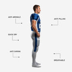 Detail view of the blue jersey shoulder panel binding and white V-neck collar trim on the custom football uniform set