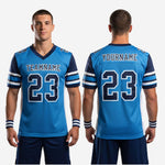Size and spec sheet for custom blue and navy football jerseys for whole team showing youth and adult sizing chart