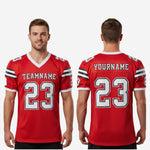 Back view of custom red and black football jersey showing back number placement, shoulder stripes, and white V-neck collar construction