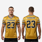 Back view of custom football jersey for teams in gold and black showing back number placement and nameplate area