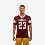 Custom football jerseys for teams in maroon and gold with white V-neck collar, gold sleeve stripes, and front number 23 on adult male model