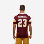 Left side view of custom maroon football jersey with gold side panel and horizontal sleeve stripe detail showing jersey length and straight hem