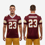 Size and specification chart for custom maroon and gold football jerseys showing youth and adult sizing options for full mixed roster orders