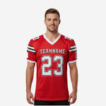 Custom football jerseys with logo in red and black - front view showing arched team name, front number 23, and shoulder stripe band on adult male model
