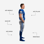 back view of royal blue and silver custom american football kit showing back number and nameplate area on sublimated jersey
