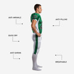 Detail view of green sublimated football jersey with white V-neck trim, sleeve binding, and front number print zone