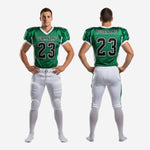 Size and specification sheet for custom football pants and green jersey American football uniform set, youth and adult sizes