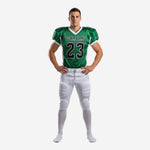 Custom football pants in white with green side stripe paired with green V-neck sublimated jersey, front view of full team uniform set