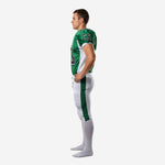 Opposite side view of green and white custom American football uniform showing white side panel on sublimated jersey
