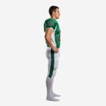 Side view of custom football pants showing solid green outer leg stripe running from hip to below knee on white pant base